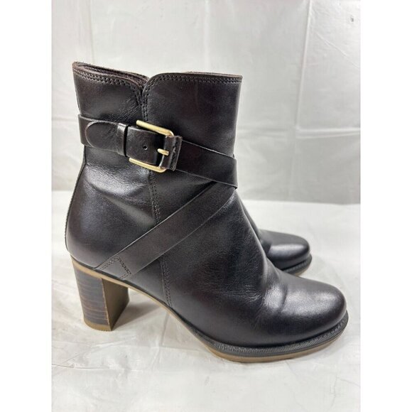 ECCO Saunter 65 Brown Leather Heeled Strap Zip Ankle Boots - Picture 1 of 13